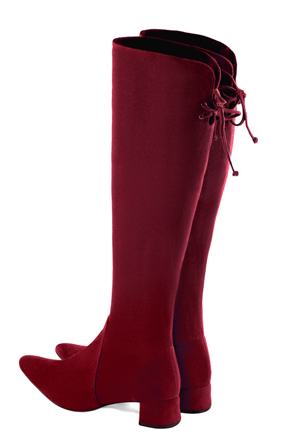 Burgundy red women's knee-high boots, with laces at the back. Tapered toe. Low flare heels. Made to measure. Rear view - Florence KOOIJMAN